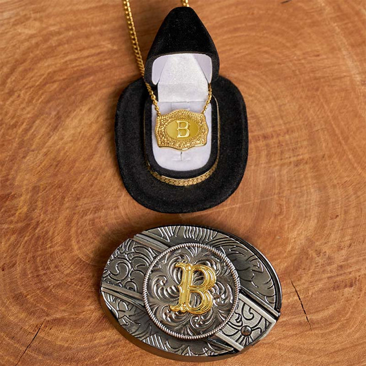 Conjunto de collar dorado con hebilla de cinturón y cuchillo oculto con letra inicial DIY - B - Sin cinturón - image 2