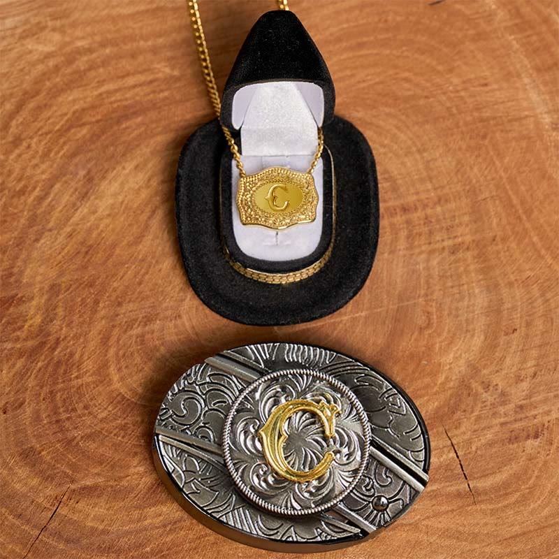 Conjunto de collar dorado con hebilla de cinturón y cuchillo oculto con letra inicial DIY - C - Sin cinturón - image 8