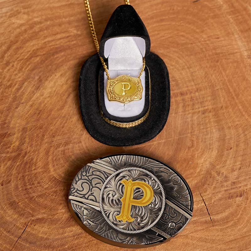 Conjunto de collar dorado con hebilla de cinturón y cuchillo oculto con letra inicial DIY - P - Sin cinturón - image 21