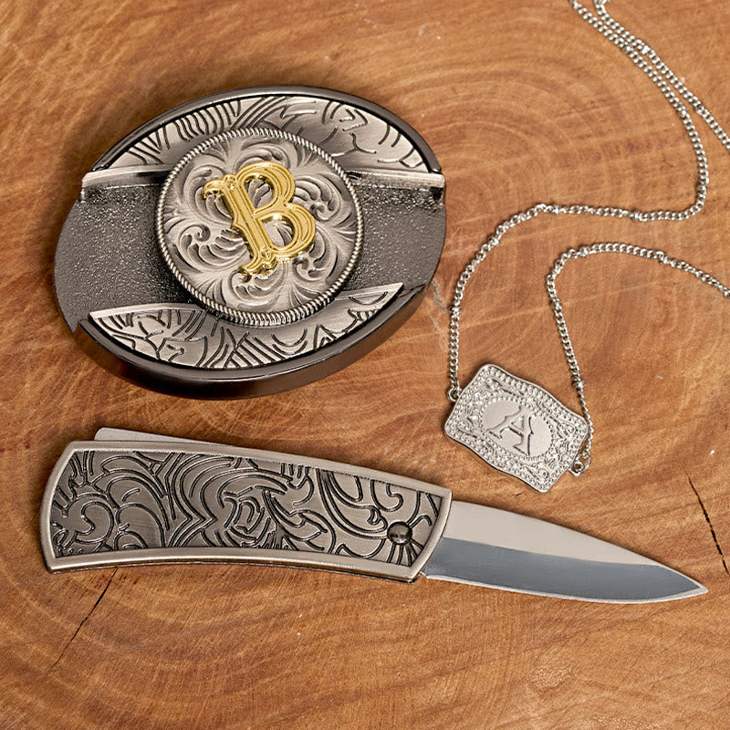 Conjunto de collar de plata con hebilla de cinturón y cuchillo oculto con letra inicial DIY - image 1