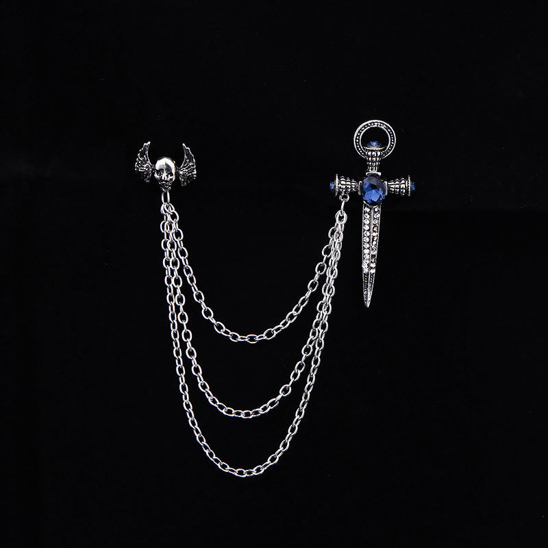 Broche multicadena estilo doble con alas de calavera y daga de estilo punk oscuro - Plata - image 2