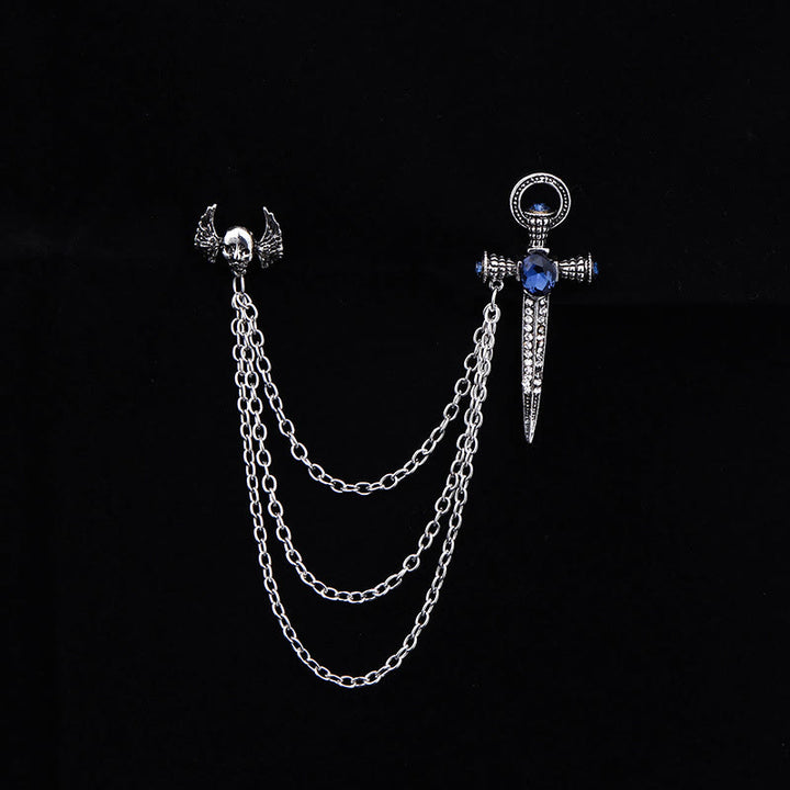 Broche multicadena estilo doble con alas de calavera y daga de estilo punk oscuro - Plata - image 2