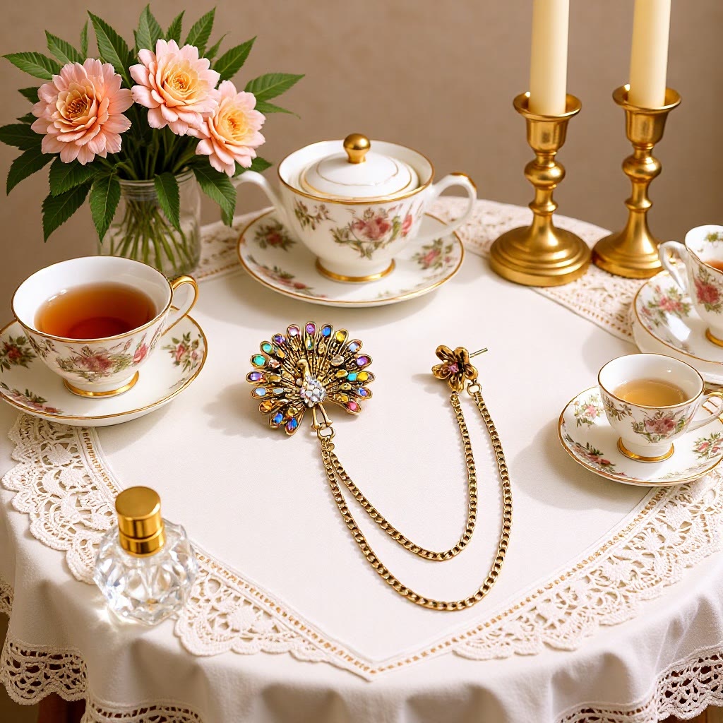 Broche de doble cadena con cristales de colores y pluma de pavo real ornamentada - image 0