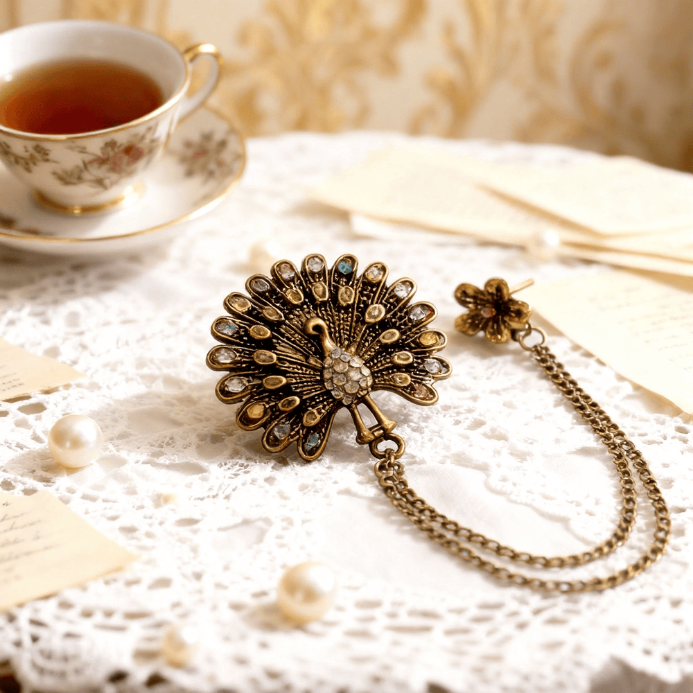 Broche de doble cadena con cristales de colores y pluma de pavo real ornamentada - Estilo #1 - image 1