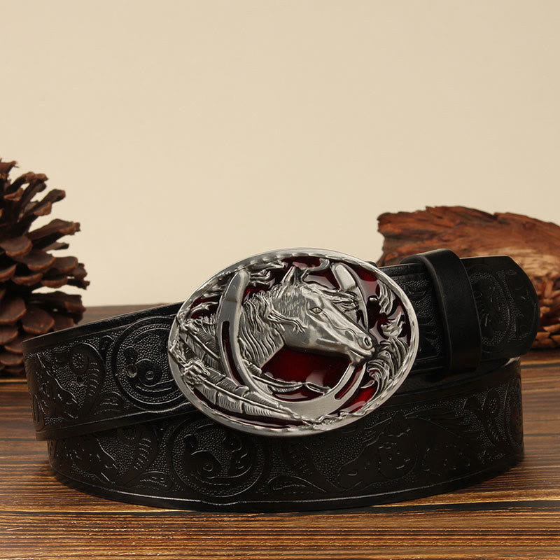 Cinturón de cuero con cabeza de caballo y herradura de plata para hombre - Caballo rojo - Negro #1 - 44 - image 1