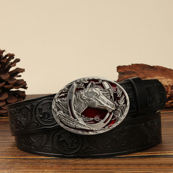 Cinturón de cuero con cabeza de caballo y herradura de plata para hombre - Caballo rojo - Negro #1 - 44 - image 1