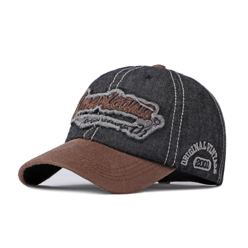 Gorra de béisbol vintage de mezclilla desgastada y patchwork de gamuza - Negro - M (22''-22 7/8") - image 1