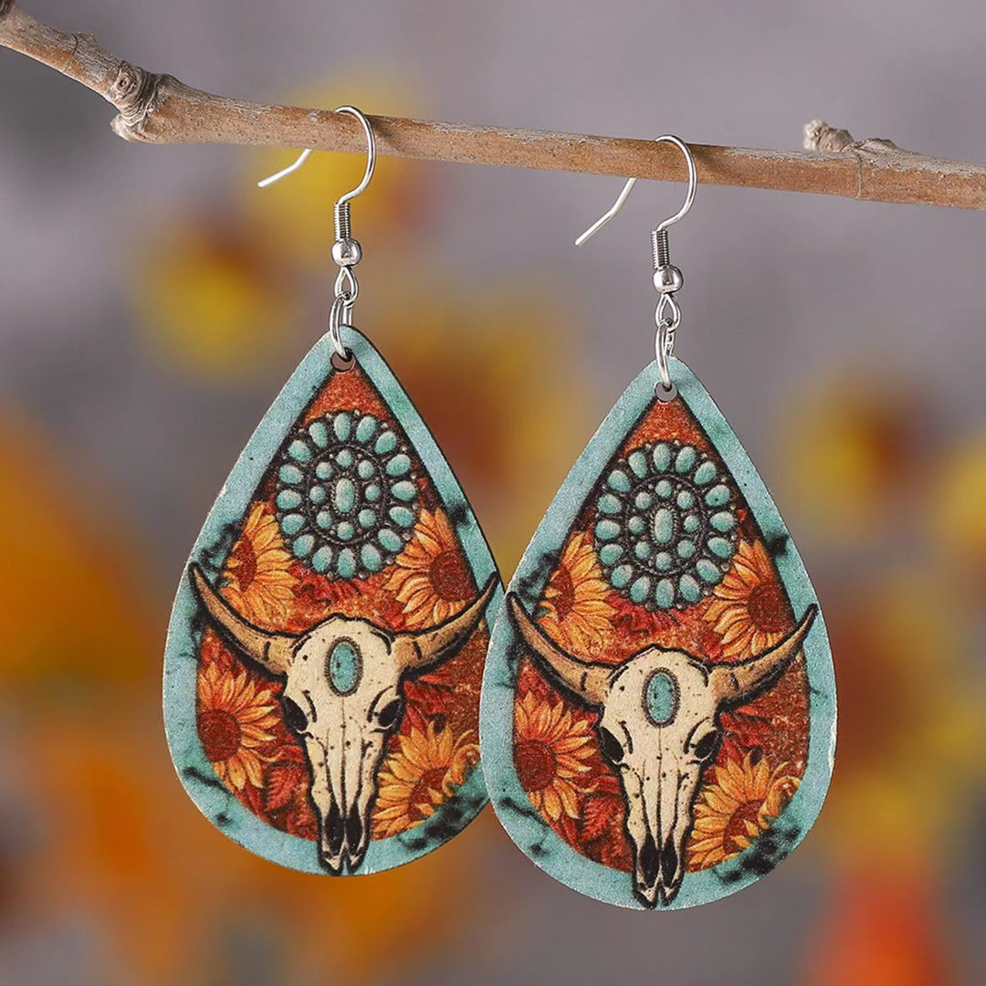 Pendiente de madera con forma de gota de agua y cabeza de toro estilo occidental - Cabeza de toro - image 0