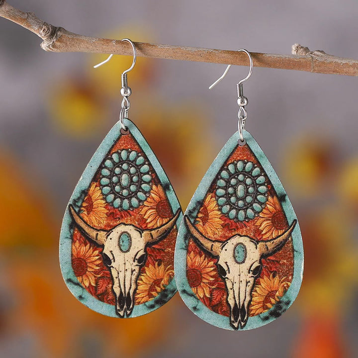 Pendiente de madera con forma de gota de agua y cabeza de toro estilo occidental - Cabeza de toro - image 0