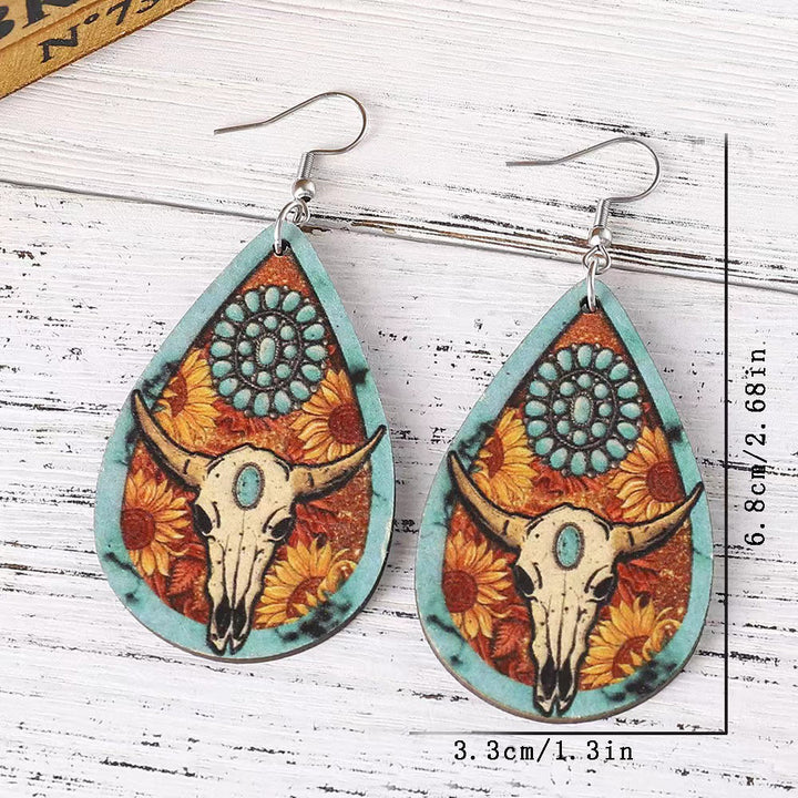 Pendiente de madera con forma de gota de agua y cabeza de toro estilo occidental - image 2