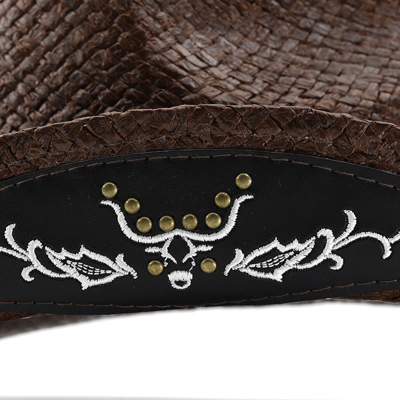 Sombrero de vaquero tejido estilo western con emblema de toro y ribete tachonado para hombre - image 6