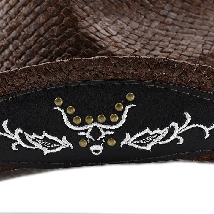 Sombrero de vaquero tejido estilo western con emblema de toro y ribete tachonado para hombre - image 6