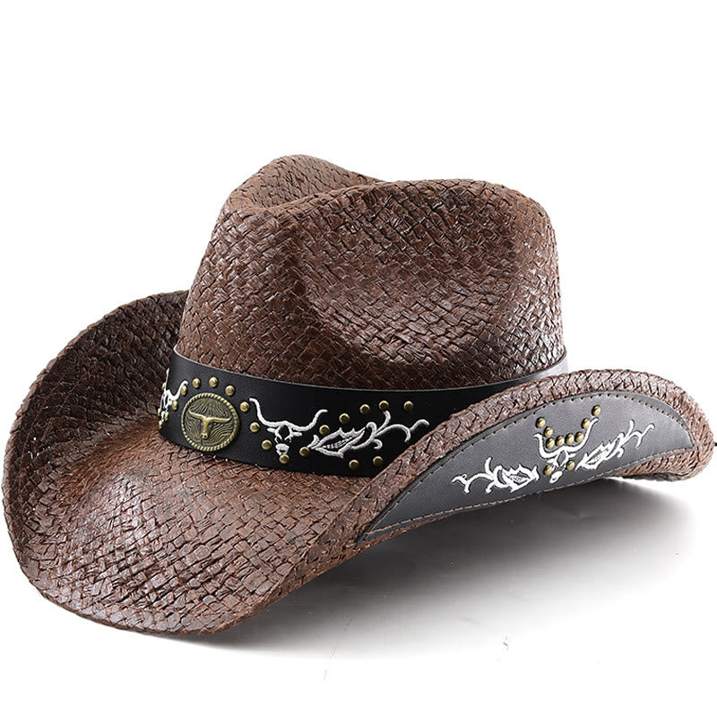 Sombrero de vaquero tejido estilo western con emblema de toro y ribete tachonado para hombre - Café - M (22"-22 7/8") - image 0
