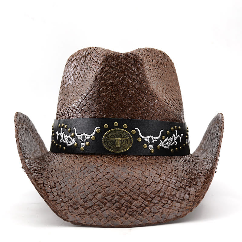 Sombrero de vaquero tejido estilo western con emblema de toro y ribete tachonado para hombre - image 1