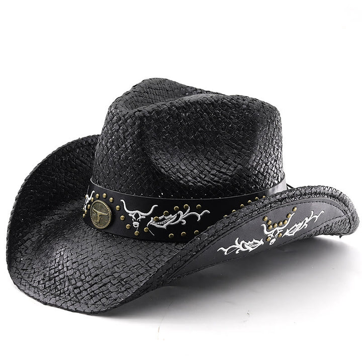 Sombrero de vaquero tejido estilo western con emblema de toro y ribete tachonado para hombre - Negro - M (22"-22 7/8") - image 7