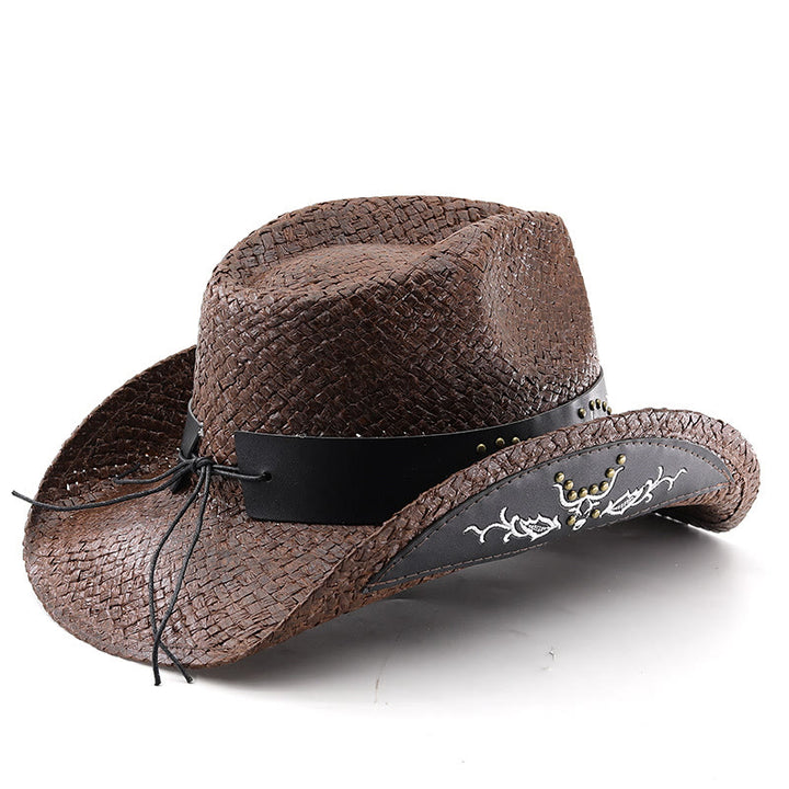 Sombrero de vaquero tejido estilo western con emblema de toro y ribete tachonado para hombre - image 3