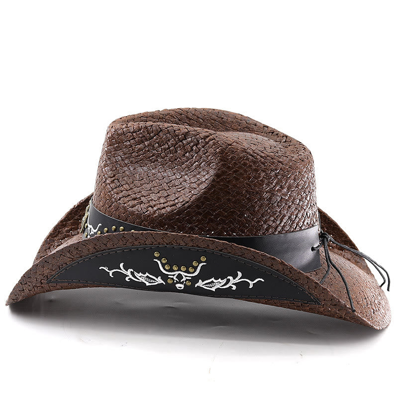 Sombrero de vaquero tejido estilo western con emblema de toro y ribete tachonado para hombre - image 2