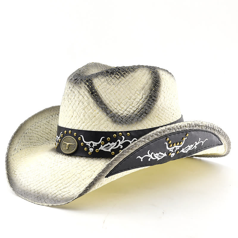 Sombrero de vaquero tejido estilo western con emblema de toro y ribete tachonado para hombre - Blanco - M (22"-22 7/8") - image 8