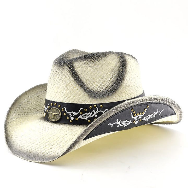 Sombrero de vaquero tejido estilo western con emblema de toro y ribete tachonado para hombre - Blanco - M (22"-22 7/8") - image 8