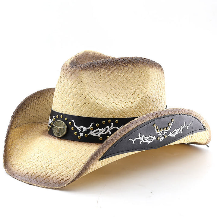 Sombrero de vaquero tejido estilo western con emblema de toro y ribete tachonado para hombre - Blanquecino - M (22"-22 7/8") - image 9
