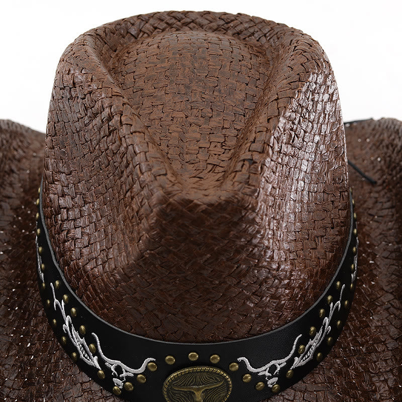 Sombrero de vaquero tejido estilo western con emblema de toro y ribete tachonado para hombre - image 4