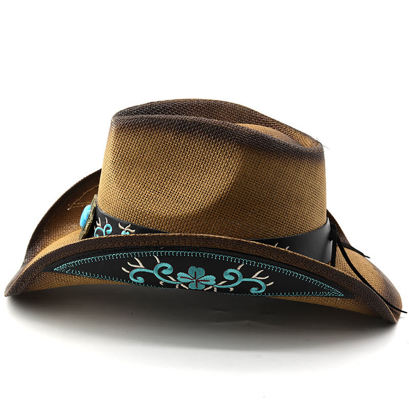 Sombreros de vaquero tejidos estilo western con ribete bordado y detalles en turquesa - image 2