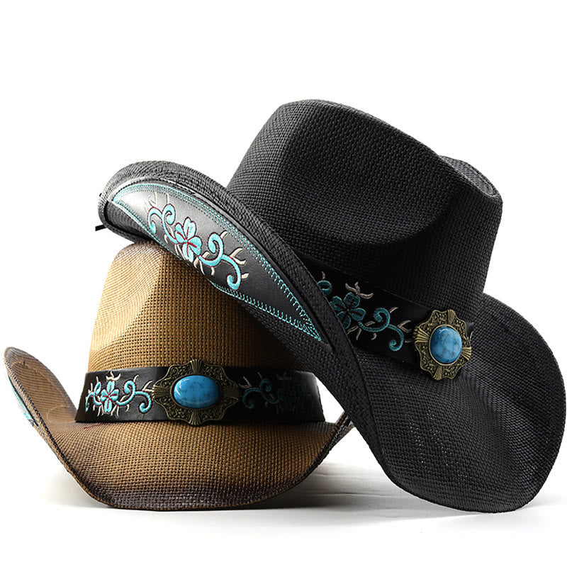 Sombreros de vaquero tejidos estilo western con ribete bordado y detalles en turquesa - image 4