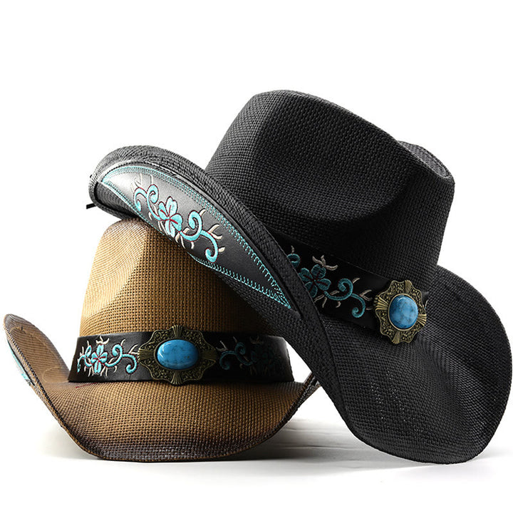Sombreros de vaquero tejidos estilo western con ribete bordado y detalles en turquesa - image 4