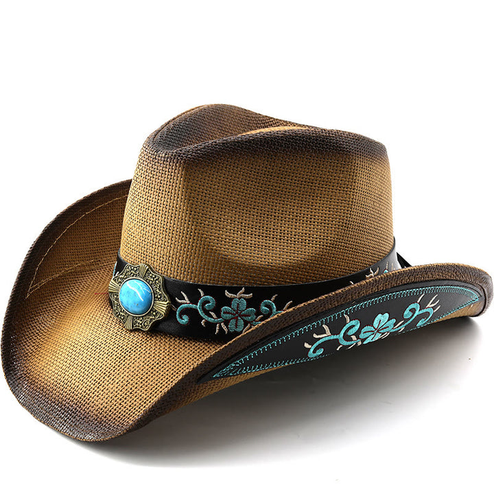 Sombreros de vaquero tejidos estilo western con ribete bordado y detalles en turquesa - Caqui - M (22"-22 7/8") - image 0