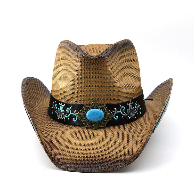 Sombreros de vaquero tejidos estilo western con ribete bordado y detalles en turquesa - image 1