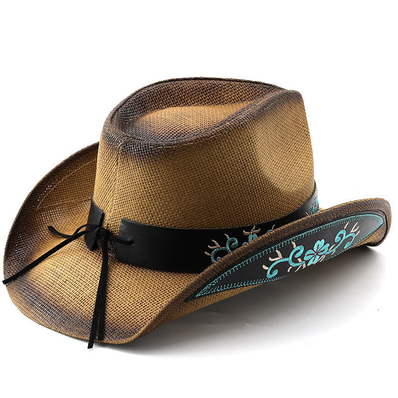 Sombreros de vaquero tejidos estilo western con ribete bordado y detalles en turquesa - image 3
