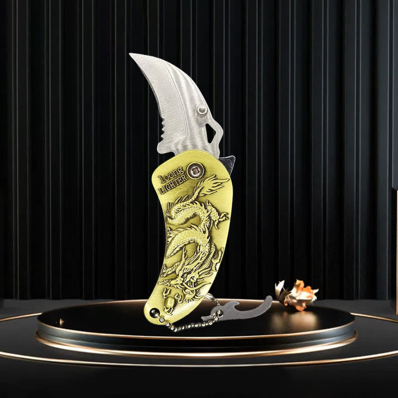 Cuchillo plegable con diseño de dragón y relieve metálico, encendedor de butano - Dragón de bronce - image 1
