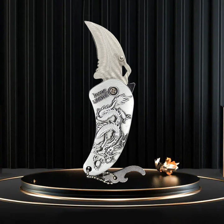 Cuchillo plegable con diseño de dragón y relieve metálico, encendedor de butano - Dragón de plata - image 2