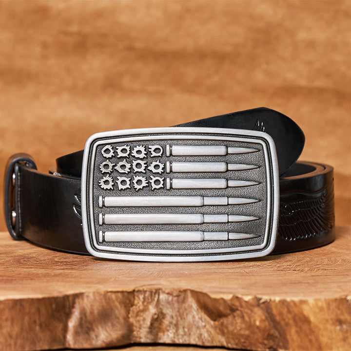 Cinturón de cuero con hebilla rectangular Silver Bullet para hombre - Cinturón de águila negra en relieve - 42 - image 2