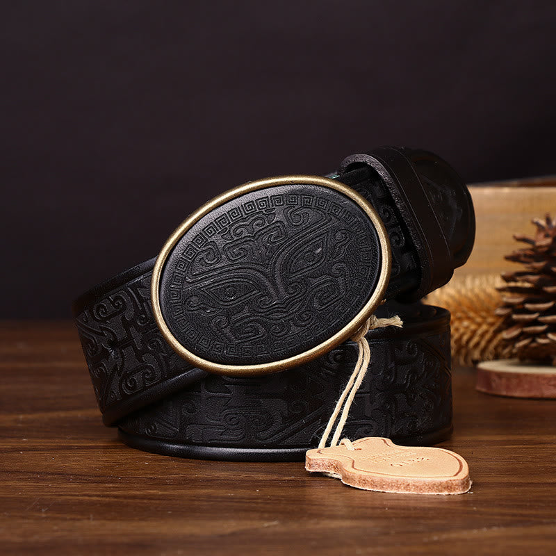 Cinturón de cuero con hebilla ovalada y tallado de tótem retro para hombre - image 5