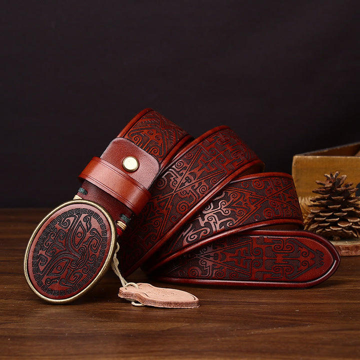 Cinturón de cuero con hebilla ovalada y tallado de tótem retro para hombre - Caqui - 44 - image 6