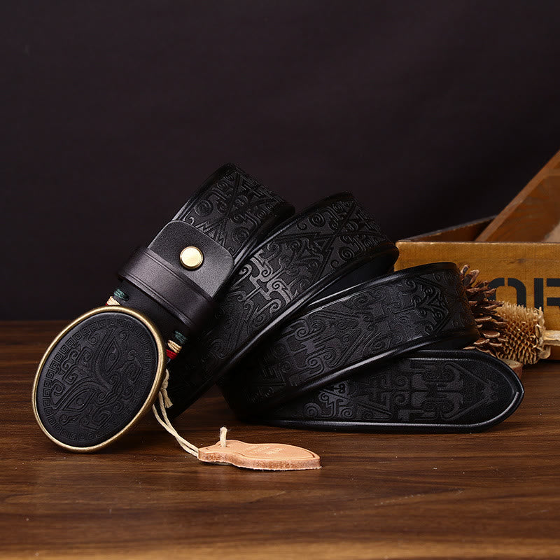 Cinturón de cuero con hebilla ovalada y tallado de tótem retro para hombre - Negro - 44 - image 3