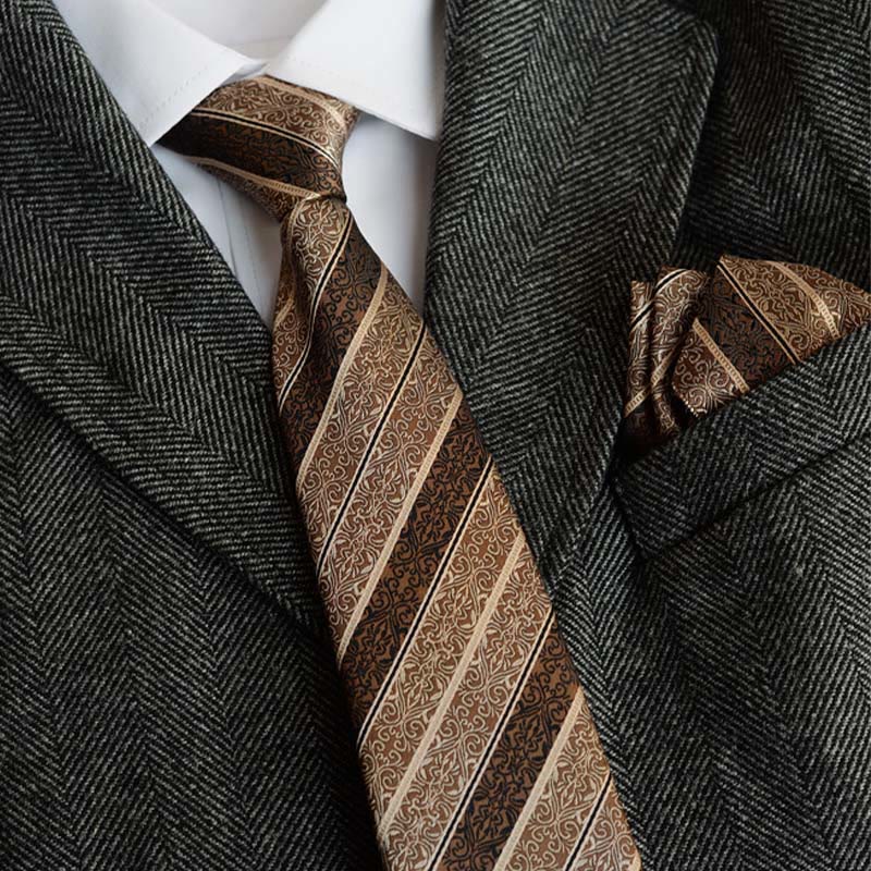 Conjunto de 5 corbatas retro con estampado diagonal marrón para hombre - image 1