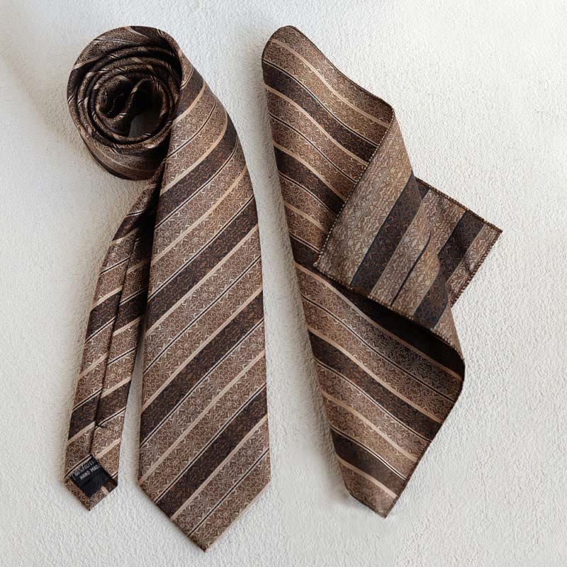 Conjunto de 5 corbatas retro con estampado diagonal marrón para hombre - Corbata + Pañuelo de bolsillo - image 3