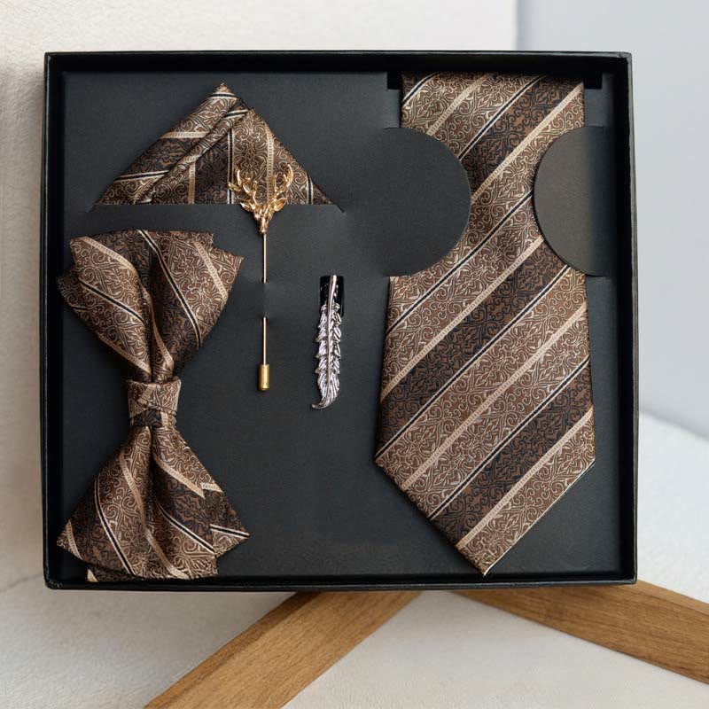 Conjunto de 5 corbatas retro con estampado diagonal marrón para hombre - 5 piezas - image 0