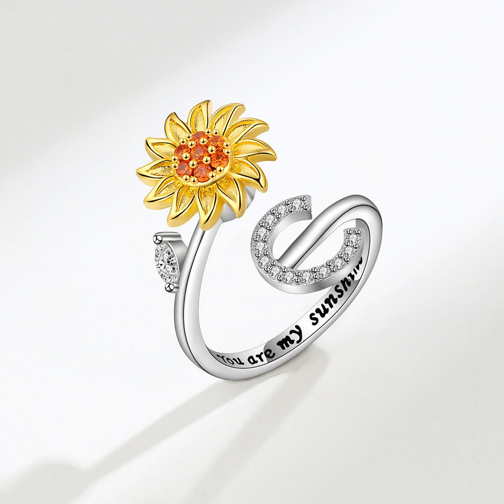 Anillo ajustable con inicial de girasol giratorio Anxiery - C - image 3