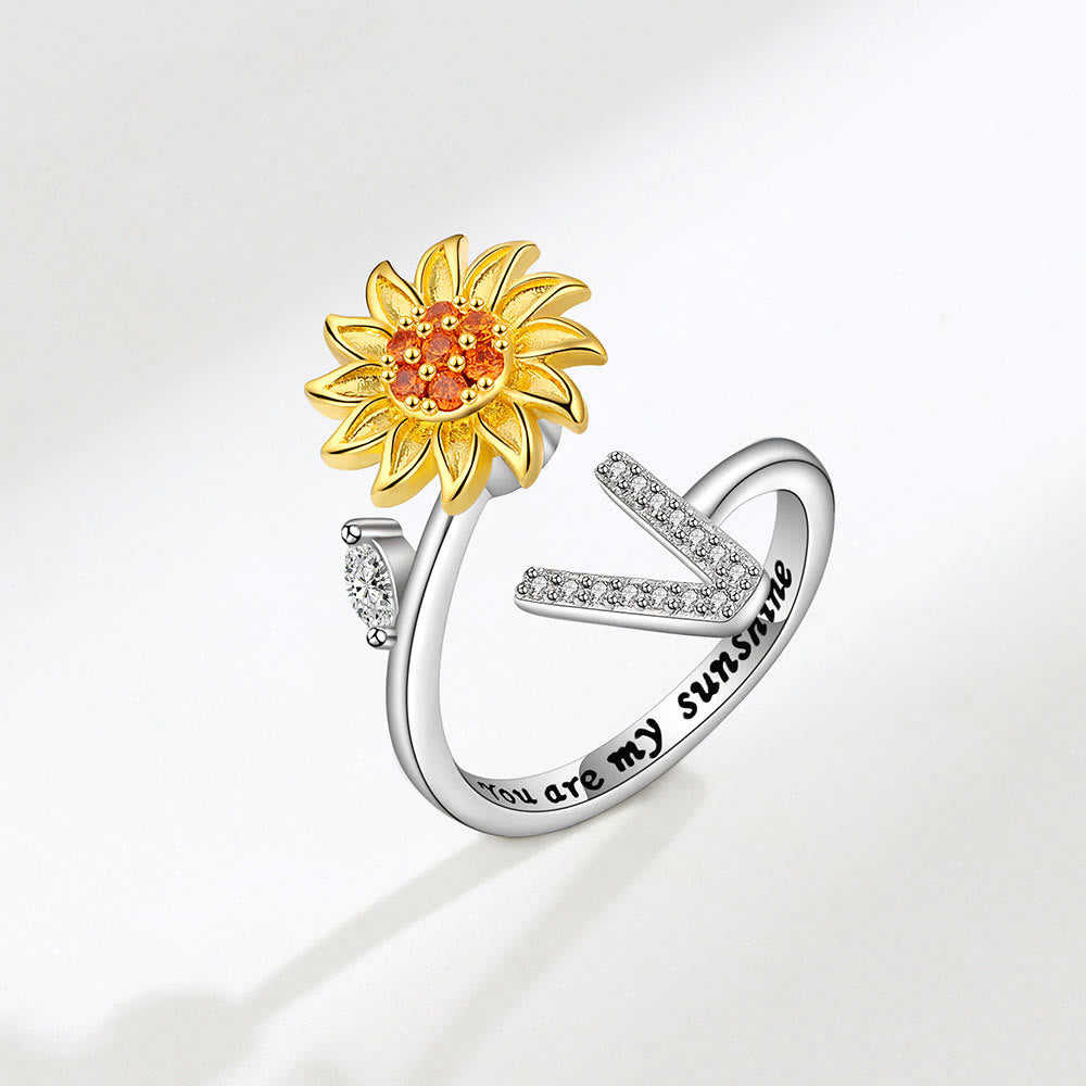 Anillo ajustable con inicial de girasol giratorio Anxiery - V - image 22
