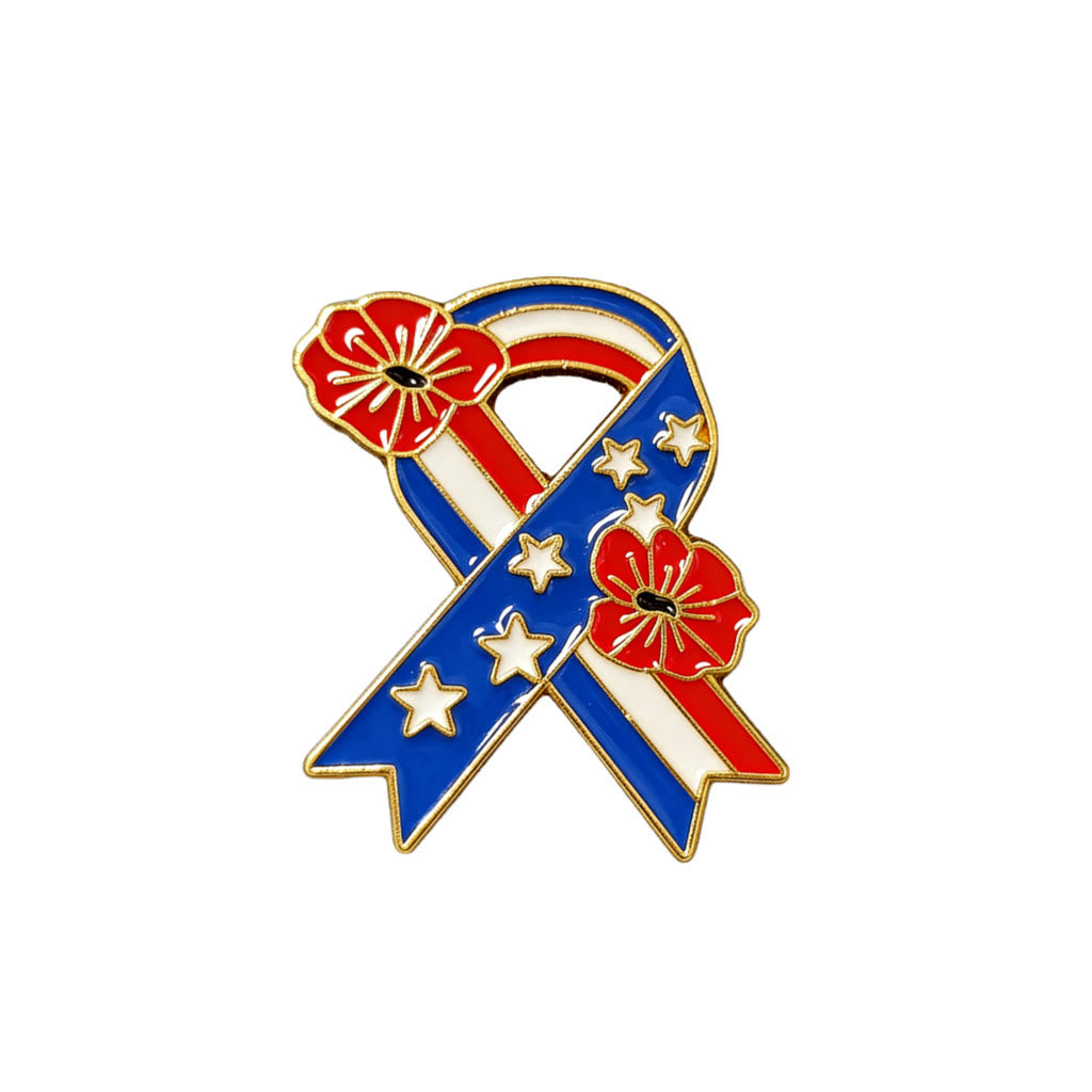 Broche de esmalte de amapola con cinta patriótica y bandera estadounidense - Oro - image 0