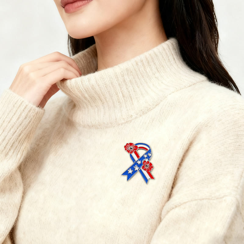 Broche de esmalte de amapola con cinta patriótica y bandera estadounidense - image 1