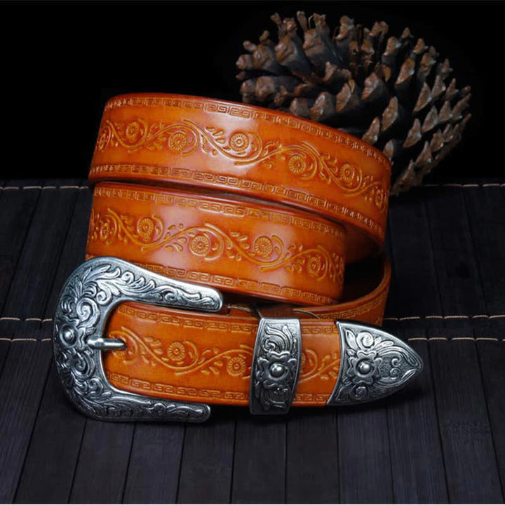 Cinturón unisex de piel con estampado de flores y textura rústica