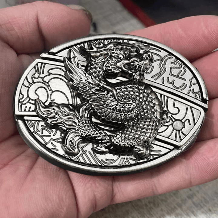 Cinturón de cuero con cuchillo plegable oculto de dragón volador para hombre