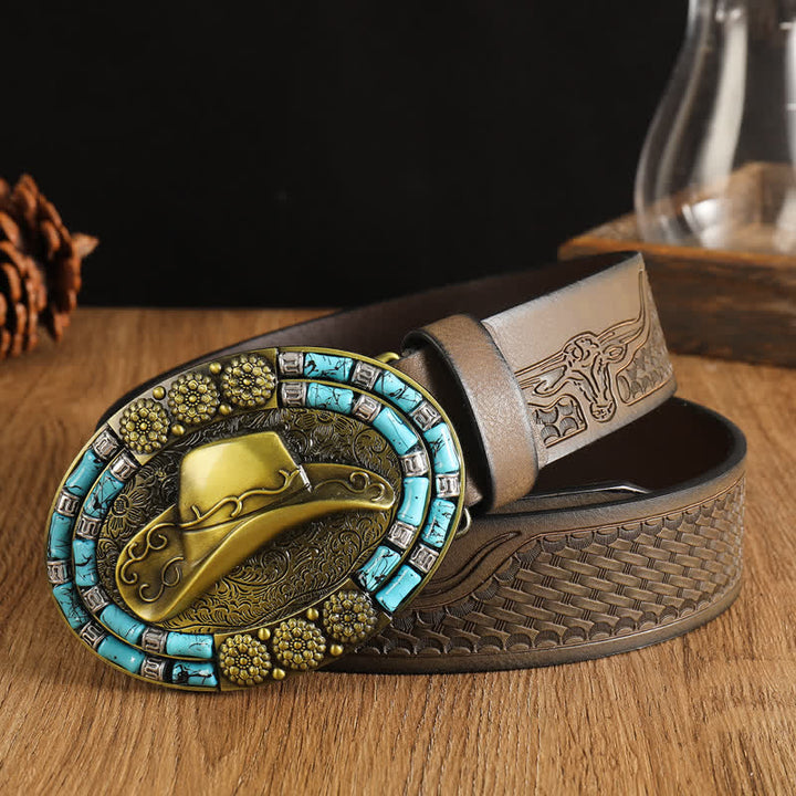Cinturón de cuero con decoración turquesa y sombrero de vaquero dorado para hombre