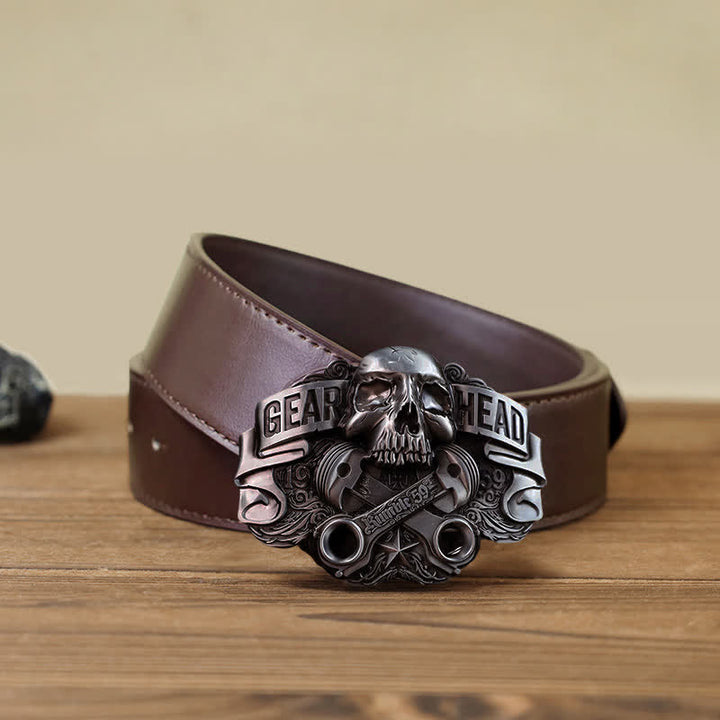 Cinturón de cuero con hebilla de calavera de pistón para hombre, hecho a mano con Gear Head