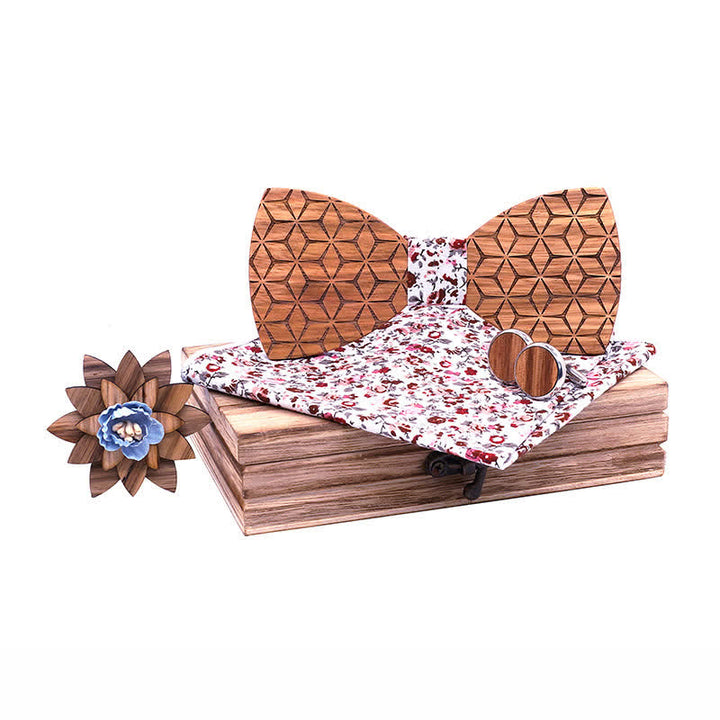 Juego de 4 pajaritas de madera con tallado geométrico para hombre
