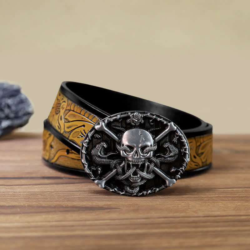 Cinturón de cuero con hebilla de serpiente y calavera gótica para hombre hecho a mano